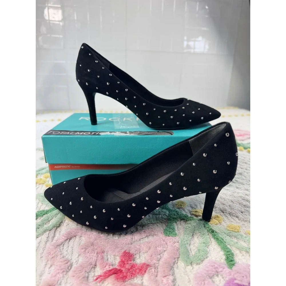Rockport Total Motion 75mm Pointy Toe Pump Black Suede Studs 10.5‎ M V80295